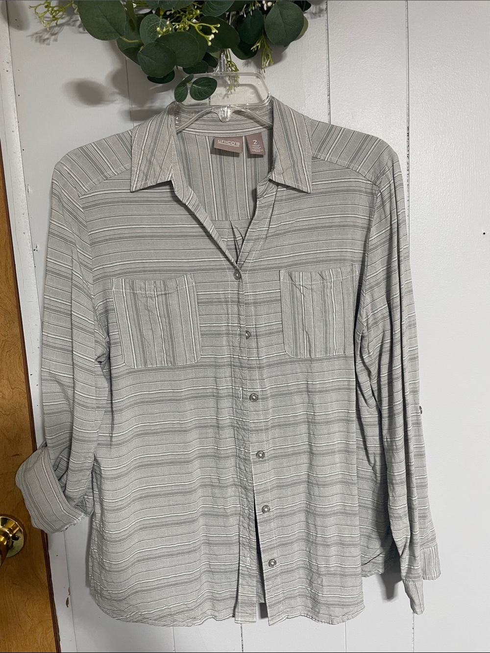 Chico's Gray Striped Casual Button-Down Shirt